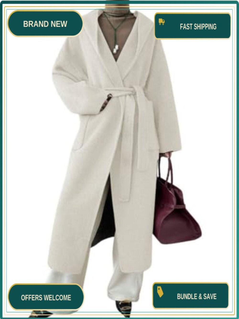 Wool Blend Belted Hooded Midi Pea Coat Open Front Loose Fit Winter